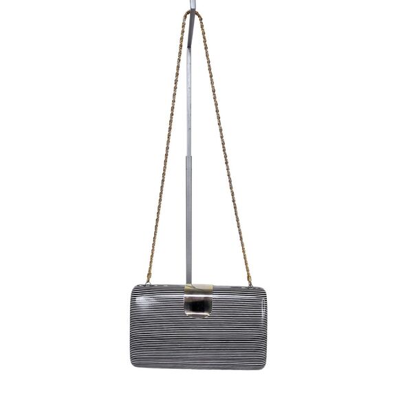 Vintage Saks Fifth Avenue Striped Clam Shell Chain Strap Bag Clutch Purse Italy - Picture 8 of 10